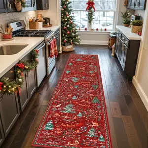 Christmas Tree Deer Print Boho Runner Rug, Holiday Decoration, Multiple Color Patterns, Soft Durable Carpet for Home Decor