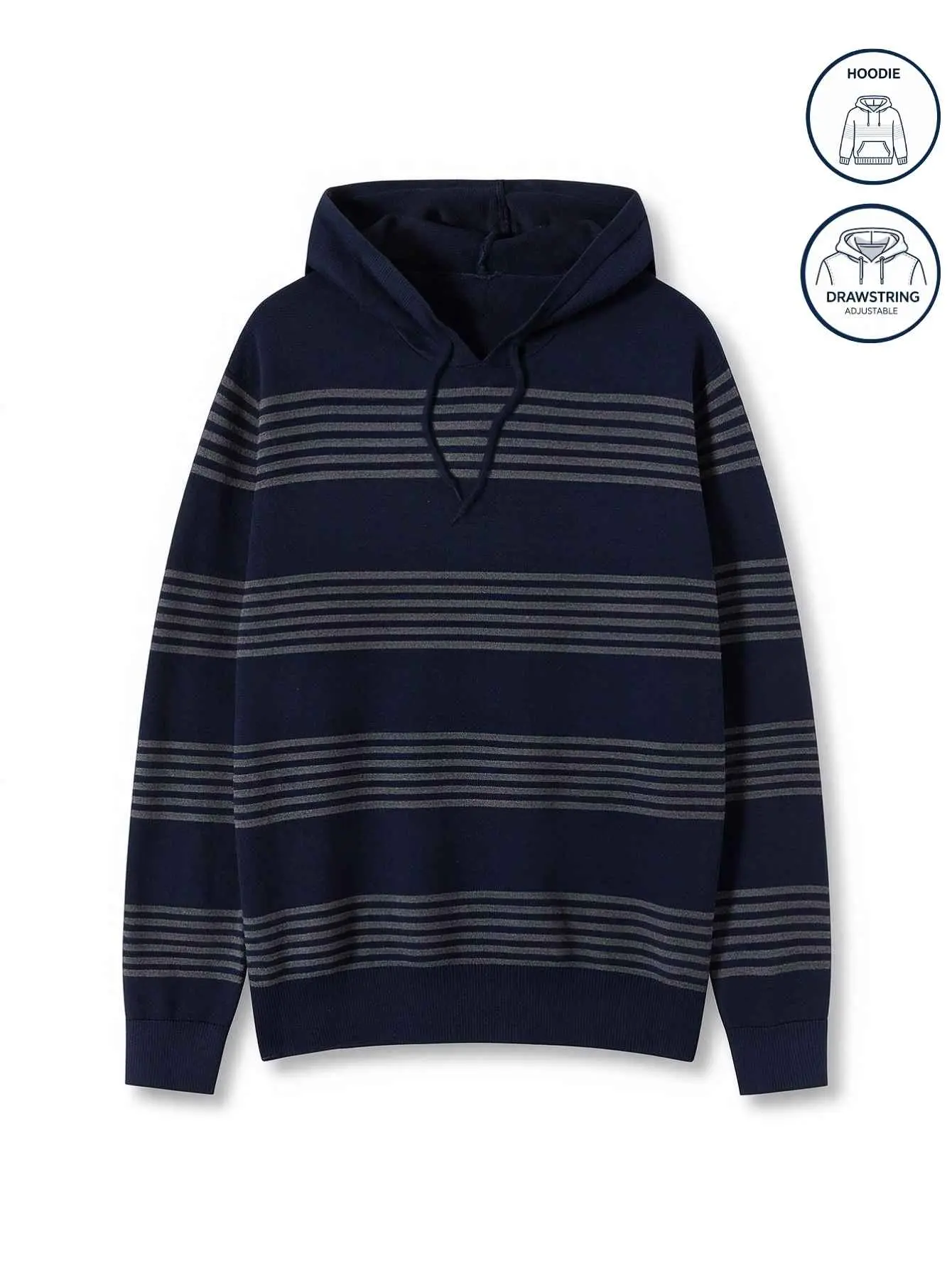 Women’s striped hooded knit sweater, long sleeves, drawstring hood pullover, casual knit top for autumn/winter