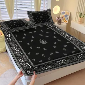 3pc Vintage Paisley Fitted Sheet Set | Classic Black/White | Non-Slip Fit | All Ages | Great Home Gift