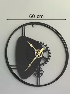 Modern Wall Clock - Silent Non-Ticking Decorative Timepiece for Home & Office 60 cm / 23.6 inches Industrial Gear Design Black Frame Gold Hands