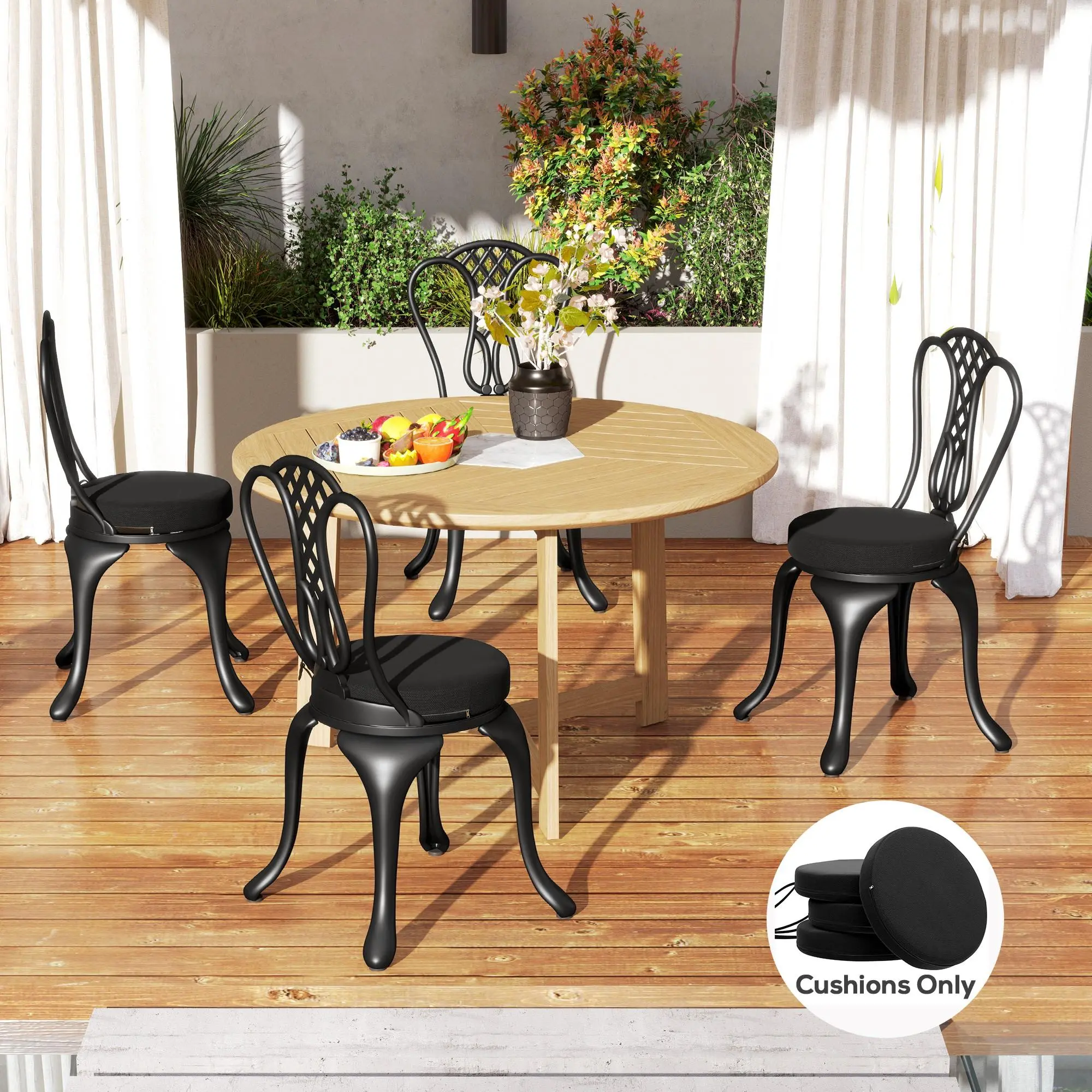 Patio Chair Cushions Set of 4 Round Seat Cushions for Dining Bistro Chairs Machine Washable, 15" x 15" x 3", Black