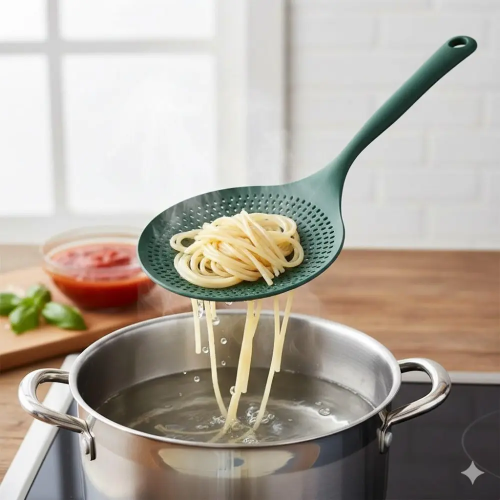 Long Handle Safety Pasta Strainer - Anti-Slip, Heat Resistant, Non-Stick Cooking Tool for Spaghetti, Dumplings, Soup, Kitchen & Commercial Use, Durable Filter Scoop for Hot Oil & Boiling Water, Food Colander Kitchenware