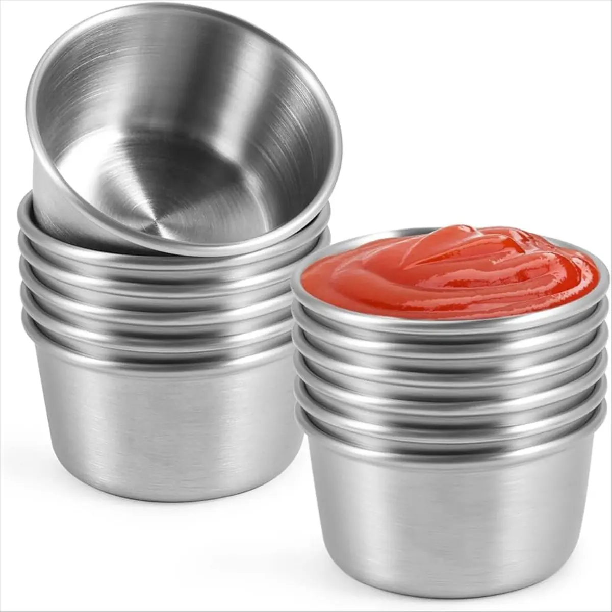 12PCS 70ml Corrosion-Proof Stainless Steel Ramekin Sauce Cups Set - Silver Mini Dining Tableware Bowls with High-Temperature Tolerance, Smooth Edges for Ketchup, Seasoning, Dipping Sauce - Home, Restaurant Settings Use