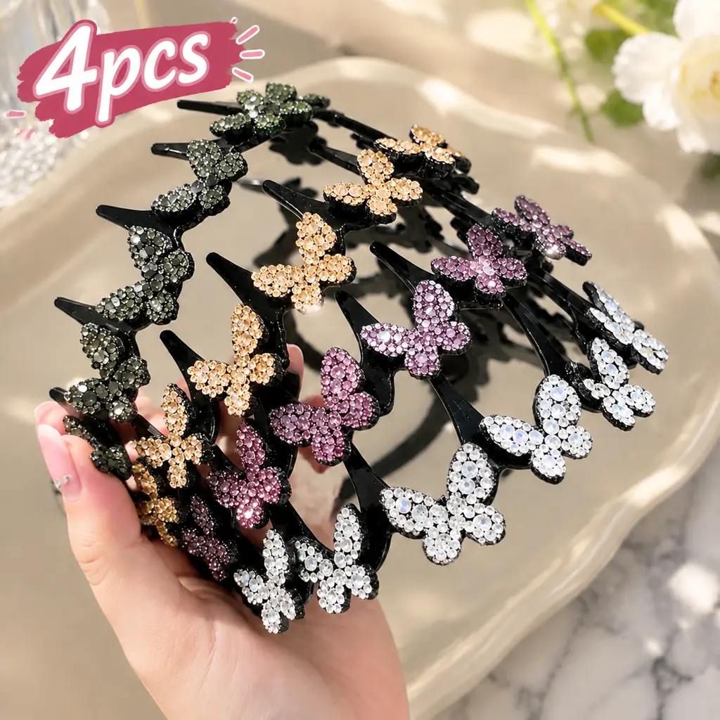 Women's 4-Pack Bedazzled Sports Headbands for Women, Rhinestone Butterfly Motif Wavy Design with Teeth, Non-Slip Secure Hold Flyaway Management, One Size Daily Casual Female Wear Styling Tool
