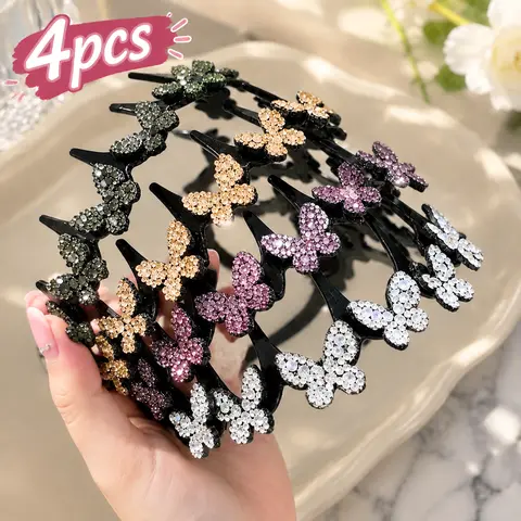 Women's 4-Pack Bedazzled Sports Headbands for Women, Rhinestone Butterfly Motif Wavy Design with Teeth, Non-Slip Secure Hold Flyaway Management, One Size Daily Casual Female Wear Styling Tool