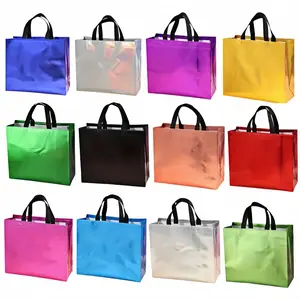 12pcsLarge Reusable Glossy Gift Bags - 12 Vivid Colors Glossy Waterproof Non-Woven Fabric Foldable Space-Saving Design for Birthdays Christmas Easter Party Gifts &  with heavy-duty storage tote teacher present shopping tote Water-Resistant