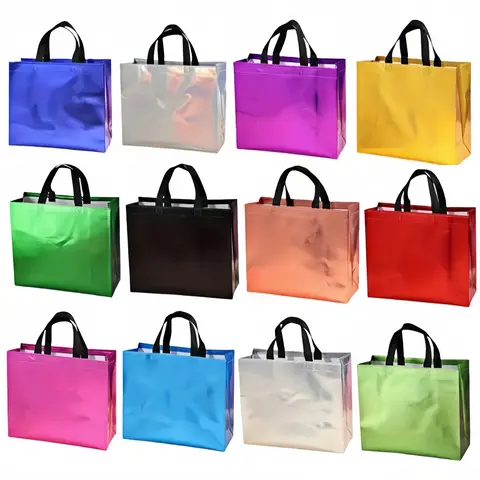 12pcs Large Glossy Reusable Gift Bags Set with Handle for Business Users, Waterproof Non-Woven Fabric, Foldable, Heavy-Duty Storage Tote Included, Christmas Party Office Stationery Supplies