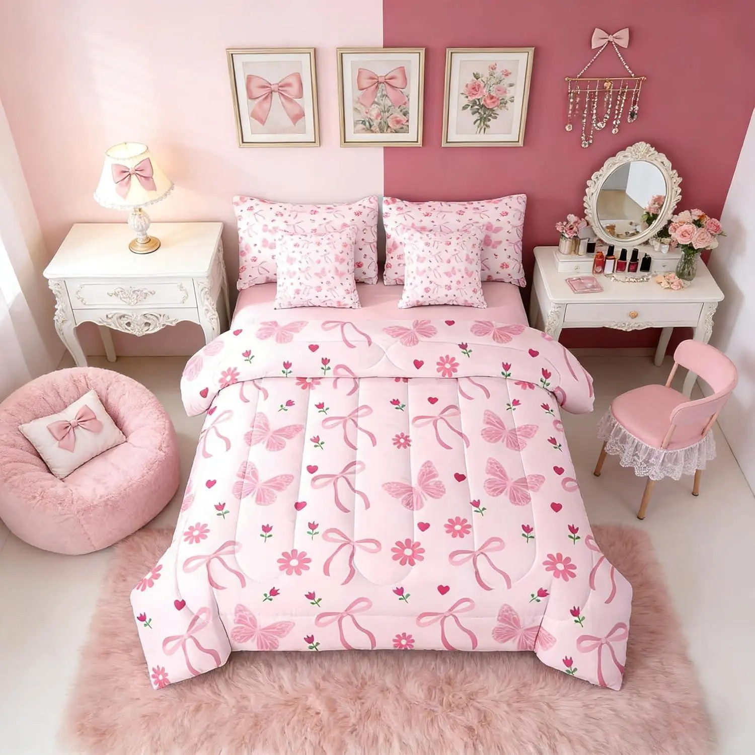 Daisy Pink Girls Butterfly Floral Bow 7 Piece Bedding Set,| Bowknot Love Hearts Comforter Set with Sheets Coquette Flowers Bed in A Bag Coquette Flowers Bed Sets