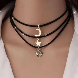 3-Piece Elegant Vintage Copper Planet Necklace, Sun, Moon and Star Pendant, Ladies Layered Minimalist Necklace Jewelry, Perfect for Daily and Party Wear, All Season Accessories