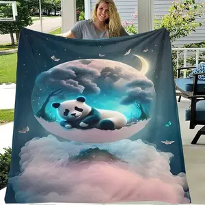 1pc Bohemian Style Panda Print Flannel Blanket, 250-300g Polyester, HD Digital Print, Soft Knitted, All-Season, Handwash Only, Multi-Purpose Bedding, Anti-Allergen, Perfect for Sofa, Bedroom, Gift