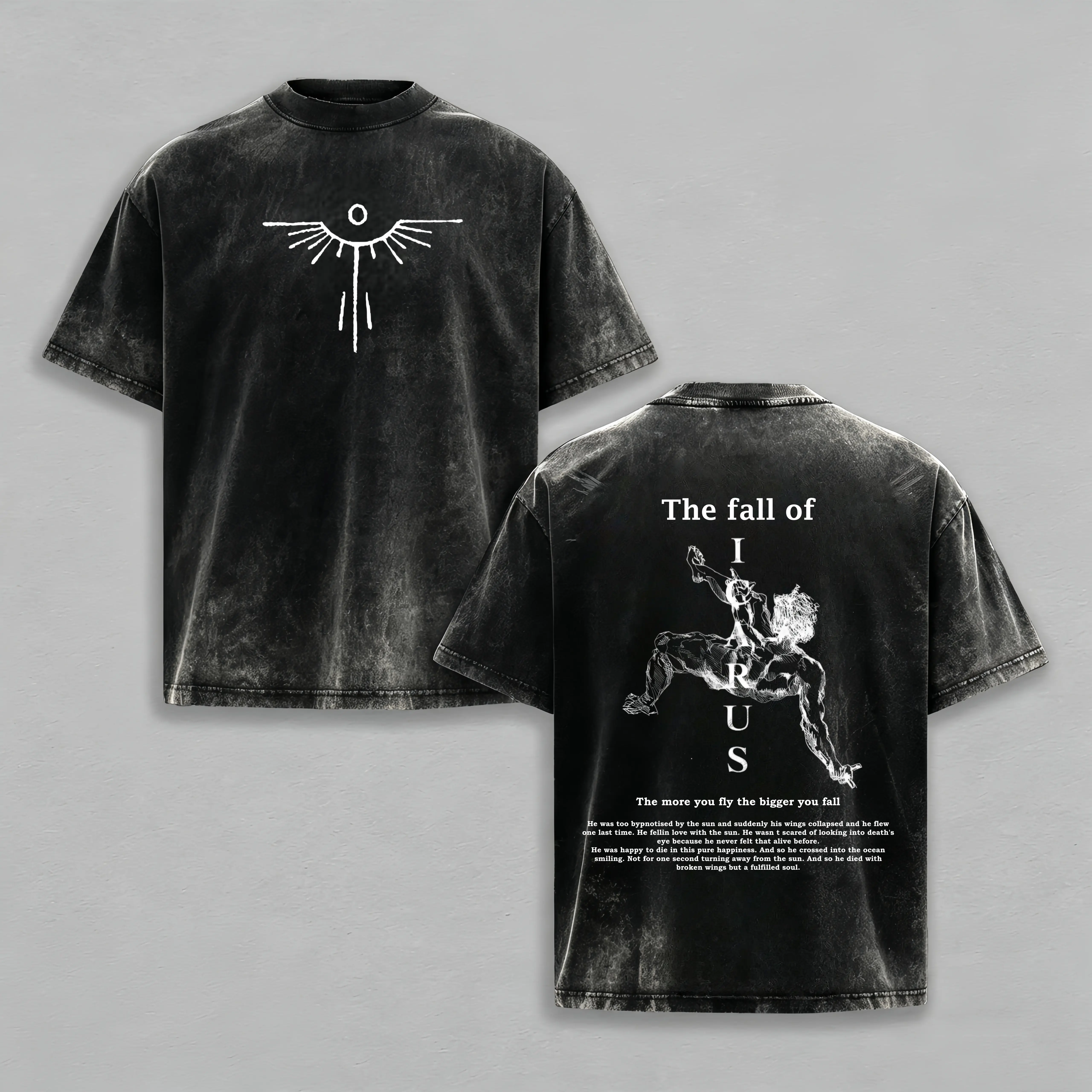Men's Icarus Washed Tshirt - The Fall of Icarus Graphic Top, Unisex Baggy Loose-Fitting Vintage Wash Shirt, Greek Mythology Streetwear, Dark Academia Floral Art Tee, Short Sleeve, Two-Side Art sohochic