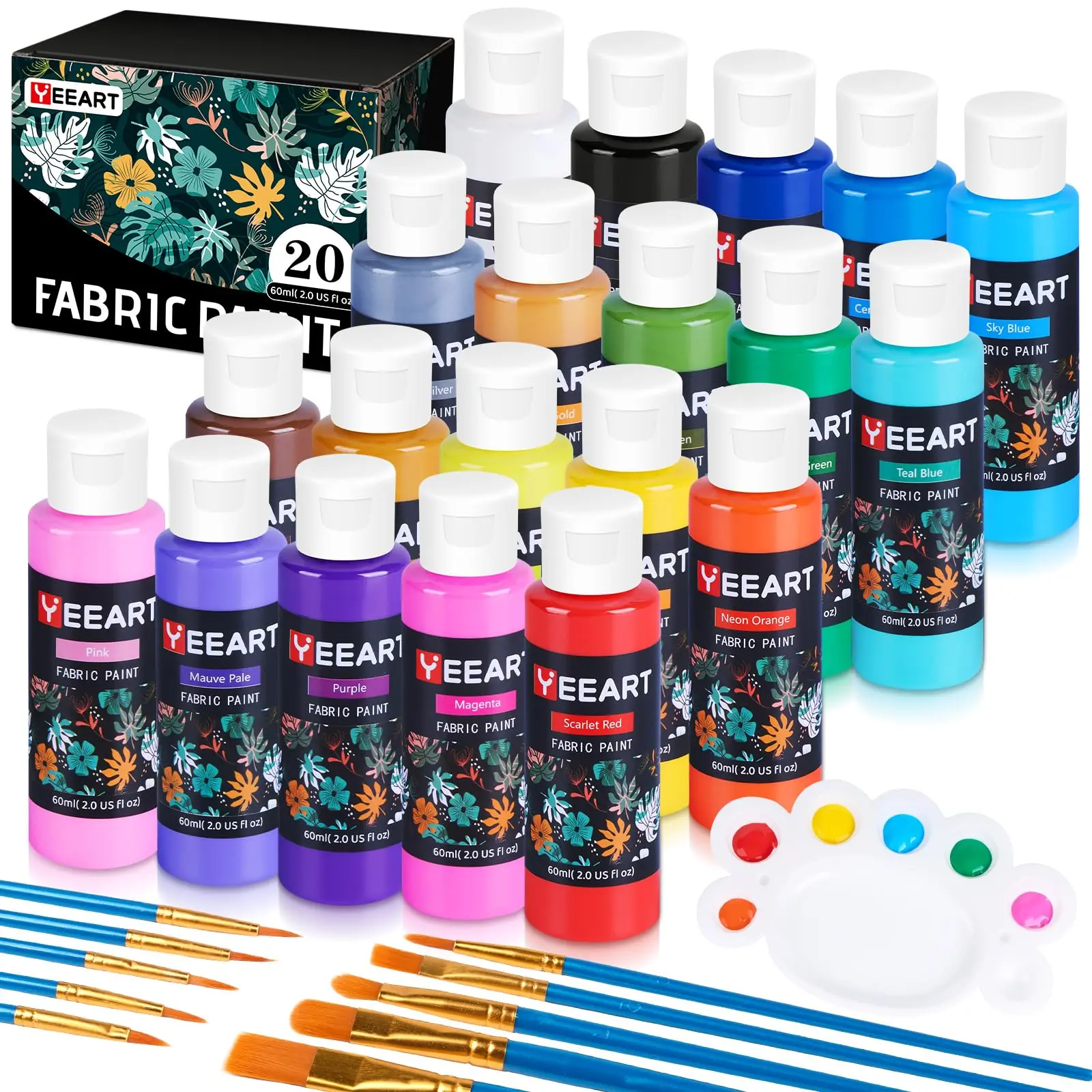 Yeeart Unisex 20-Color High-Quality Permanent Soft Fabric Paint Set, 60ml Bottles, 10 Brushes, Palette, Non-Toxic Fast-Drying DIY Supplies with Great Lightfastness & Gloss Finish for T-Shirts, Bags
