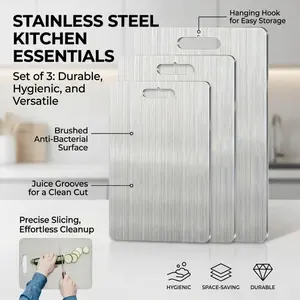 3 Sizes Stainless Steel Cutting Board Set, Brushed Metal Chopping Boards with Hanging Hole, Durable & Hygienic for Meat, Vegetables & Daily Kitchen Prep