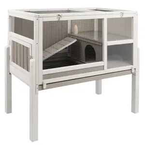 Petscosset Elevated Rabbit Hutch Indoor 36.6" H Wooden Outdoor Bunny Hutch with Wire Netting above The Pull Out Tray, Detachable Legs Hamster Cage Guinea Pig Cage Pet House for Small Animals, Grey