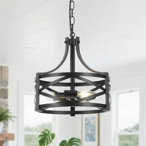 3-Light Black Chandelier, 12 inch Farmhouse Chandelier Dining Room Light Fixture, Modern Industrial Pendant Lights with Adjustable Chain for Kitchen  Foyer Entrance Bedroom