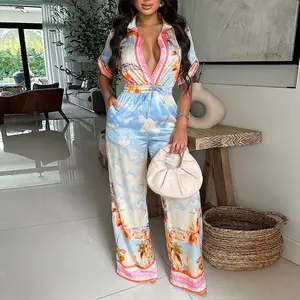 ChicMe Women's Landscape Print  Drawstring Waist Jumpsuit Wide Leg Romper Turn-down Collar Half Sleeve Overalls with Pockets