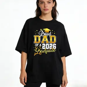 Women's 2026 Graduate Proud Dad Design Crew Neck Short Sleeves Plain Loose-Fit Foldable T-Shirt, Casual Crewneck Tee for Graduation Celebration
