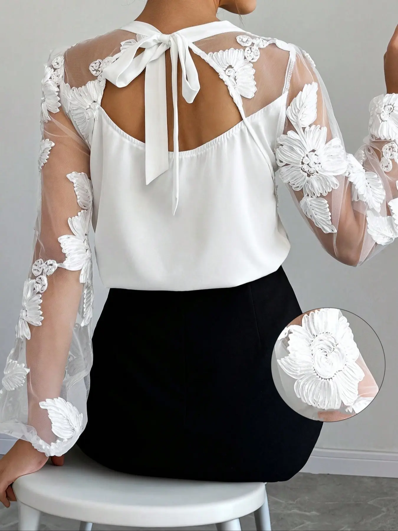 Elegant Commuter Women's Lace Mesh Embroidery Shirt, Business Casual Top, Business Work Tops, Embroidered Patchwork Blouse, Fitted Spring & Fall Top, Plain Pattern, No Ca Prop 65 Warning, Womenswear