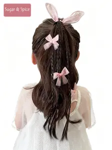 18 Inch Rabbit Bow Braided Ponytail Wig with Elastic Hairband, Synthetic Hair Extensions for Kids and Women, All Seasons