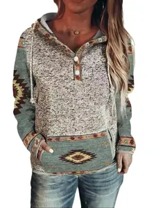 Women's Western Aztec Pullover Hoodies Casual Long Sleeve Half Button Drawstring Hooded Sweatshirts with Pockets