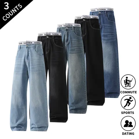 3-pack men’s wide-leg jeans featuring a unique letter-print waistband design, available in various retro washed finishes for everyday wear.