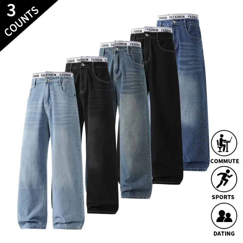 3-pack men’s wide-leg jeans featuring a unique letter-print waistband design, available in various retro washed finishes for everyday wear.
