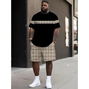 Plus Size Fashion Plaid Printed Men's Two-Piece Suit, round Neck Short Sleeve T-shirt and Shorts, Lightweight and Comfortable Summer Vacation Casual Wear, Large Size, PLUS SIZE Clothes r Activewear Activewear Athletic men's 2 piece set Menswear Knit