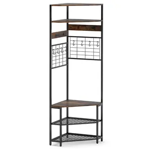 COSTWAY - 5-Tier Corner Hall Tree with Shoe Storage Bench-Rustic Brown