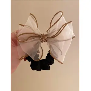 Rhinestone & Bow Decor Scrunchie for Women, High-End Satin Hair Band, Elastic Hair Ties, Seamless Thick Black Design, Available in Various Colors