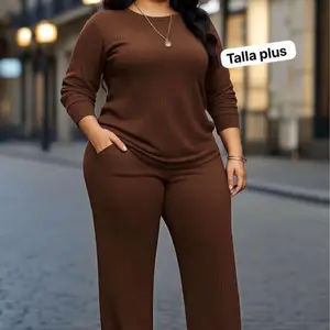 Plus size brown ribbed knit 2 piece set