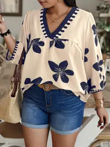 Fashion Floral V-Neck Blouse Womenswear Plus Size Casual 3/4 Sleeve Loose Fit Tops, Silky Breathable Fabric, Elegance, Y2K Aesthetic Summer Outfits, Trendy Vacation Daily Wear, Bohemian Shirts, Stylish Scallop Trim Detail Party Casual Blouse