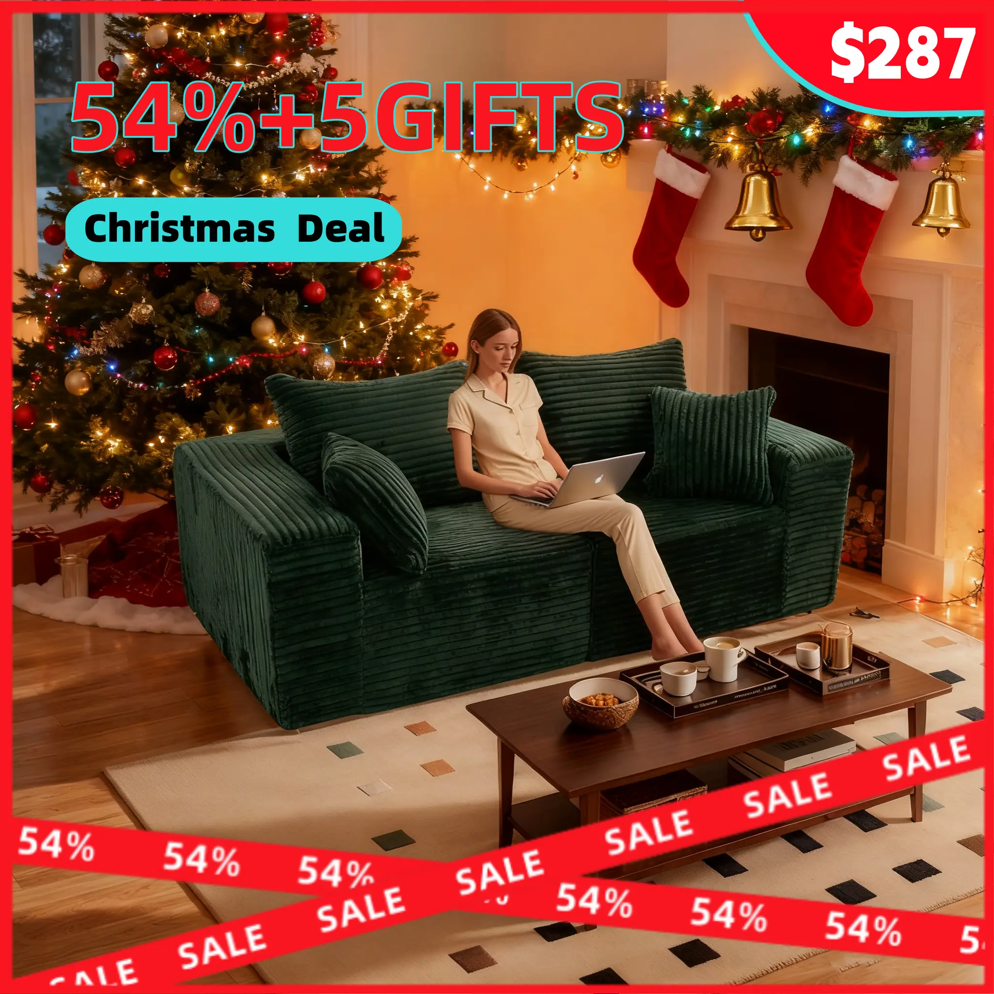 ORHOPUI 2-Seater Pet-Friendly Corduroy Modular Sectional Cloud Soft Fabric Sofa Couch, Large Extra-Deep Indoor Couch for Living Room, No Assembly Required, Green