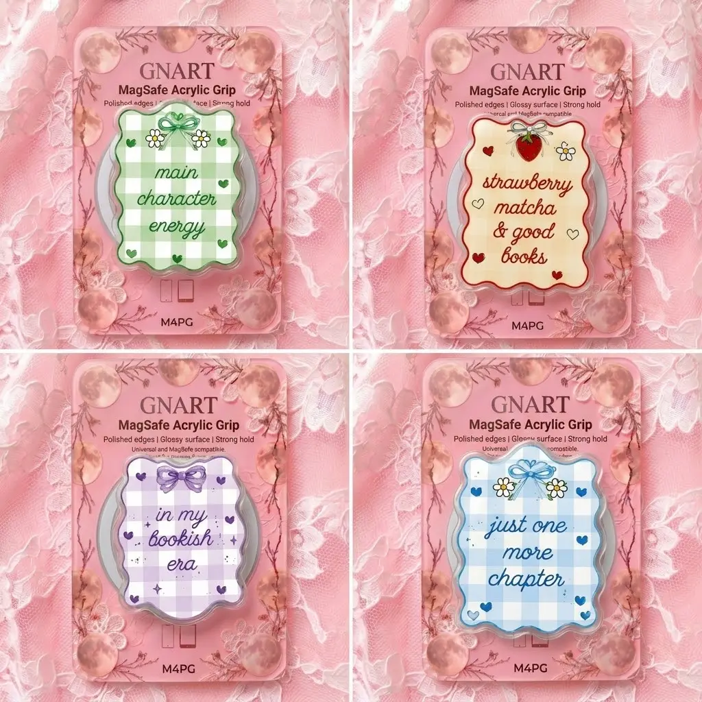 Bookish Magnetic Phone Grip for Readers, Cute Acrylic Gingham Design, Just One More Chapter, Strawberry Matcha Theme, Cozy Reading Gift for Her and Teens