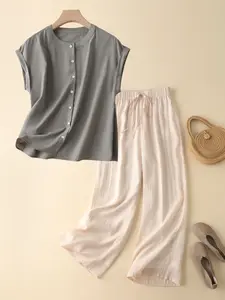 Women's Casual Chic Minimalist Loose-Fit Short Sleeve Shirt Top + Long Pants Set, Outfit, Comfortable Lightweight Woven Fabric, Perfect for Spring & Fall Daily Wear, Womenswear