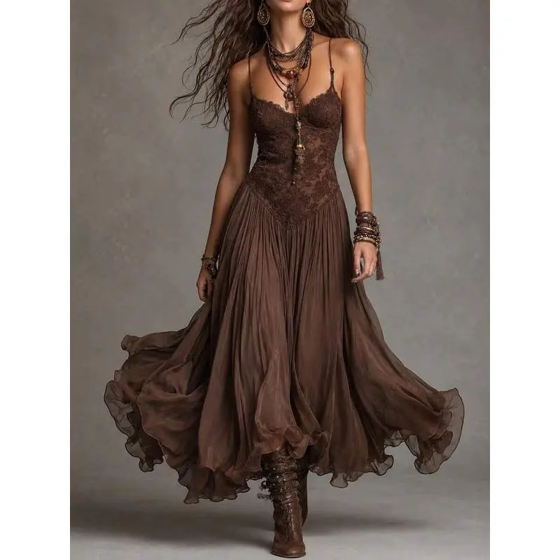 Women's Spaghetti Strap Neck Floral Lace Formal Evening Maxi Dress - Ruched Chiffon Fabric, Flowing Fit Ruffle Swing Boho Vintage Western Dress