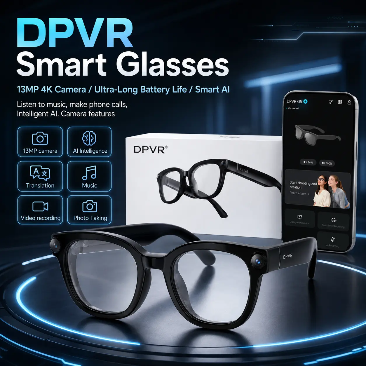 DPVR AI Smart Glasses with Camera and Bluetooth – 13MP 4K Camera Glasses for Men & Women, Video Recording Glasses with Continuous Voice Assistant, AI Translation, IP54, for Travel, Work, Music, Vlog ideal father hd record