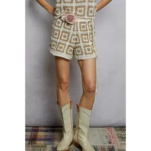 POL Elastic Waistband Crochet Shorts with Granny Square Weave