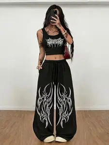 Women's Vintage Butterfly Print Set, Casual Street Style Crop Top & Loose Pants, Perfect for Fashion Lovers, American Sports Streetwear Design