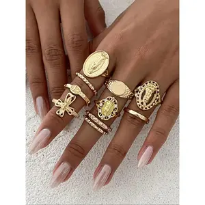 10-Piece Fashion Hip-Hop Crown Portrait Ring Set, Vintage Style Cross Joint Rings, Trendy -Inspired Jewelry Collection, Geometric Design Ring, Statement Multi Ring