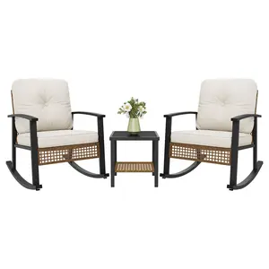 Aoxun 3-Piece Outdoor Rocking Bistro Set, Patio Furniture Set with Coffee Table and Thick Cushions, Wicker Rocking Chairs Set of 2 for Garden, Balcony, Backyard, Poolside, Garden Furniture Sets, Outdoor Furniture Set,summervibes