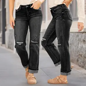 Mid-rise black/gray straight-leg mother jeans with rips, American vintage style, rolled cuffs at the hem — slimming and versatile for everyday casual wear for women in America, Pants, Streetwear Crop