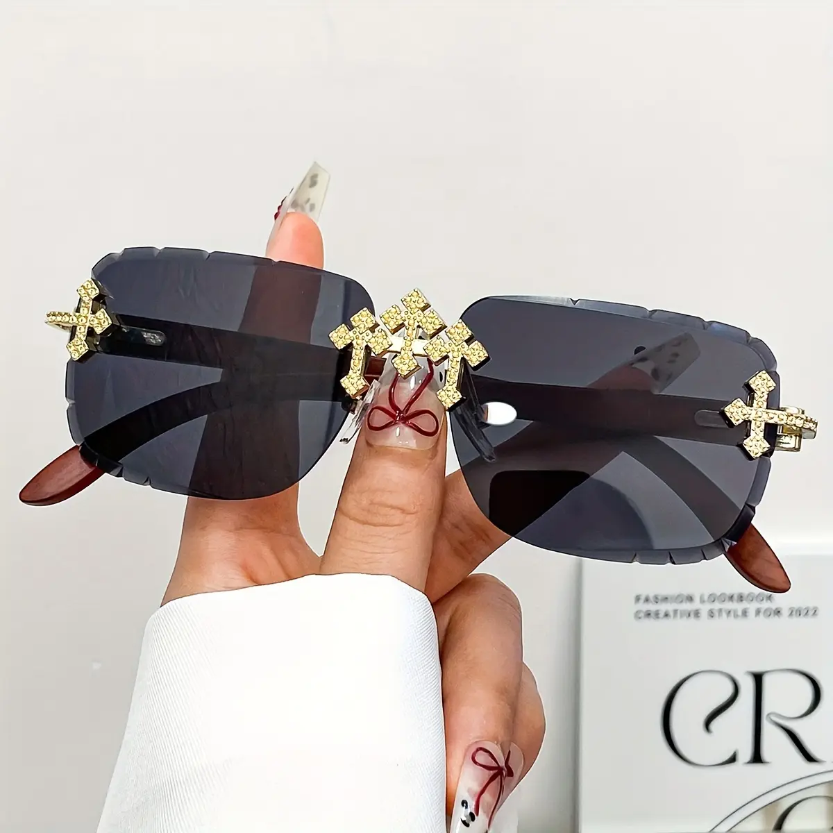 MaxBling81 Unisex Contemporary Moissanite Sunglasses - Triple Cross Design, 5.5 in PC Plastic Rimless Frame, UV Protection Black Lenses, FDA Approved Fashion Eyewear, Edgeless,Aesthetic,Monochrome,Narrow,Chic Men's Sunglasses, Edgeless Men's Sunglasses