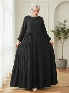 Muslim Round Neck Long Sleeve Layered Patchwork Cake Dress, Back Button Design, Loose-Fitting Casual Style, Spring & Fall Fashion, Hijabi Cute Dresses