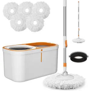 Spin Mop Bucket with Wringer System, Extended 61'' Mop Handle, Mop and Bucket Set for Floor Cleaning with 5 Replacement Head Refills and 1 Cleaning Brush Head