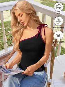 Colorblock One-Shoulder Tie Front Cami, American Street Style, Sexy Crop Top, Show off Your Stomach, Slimming Effect, Trendy Design