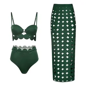 FLAXMAKER Women's Hollow Green High Waist Bikini Swimsuit and Matching Skirt Two Piece Swim Set Swimwear Bathing Suit Stylish Beachwear #TikTokShopBlackFriday