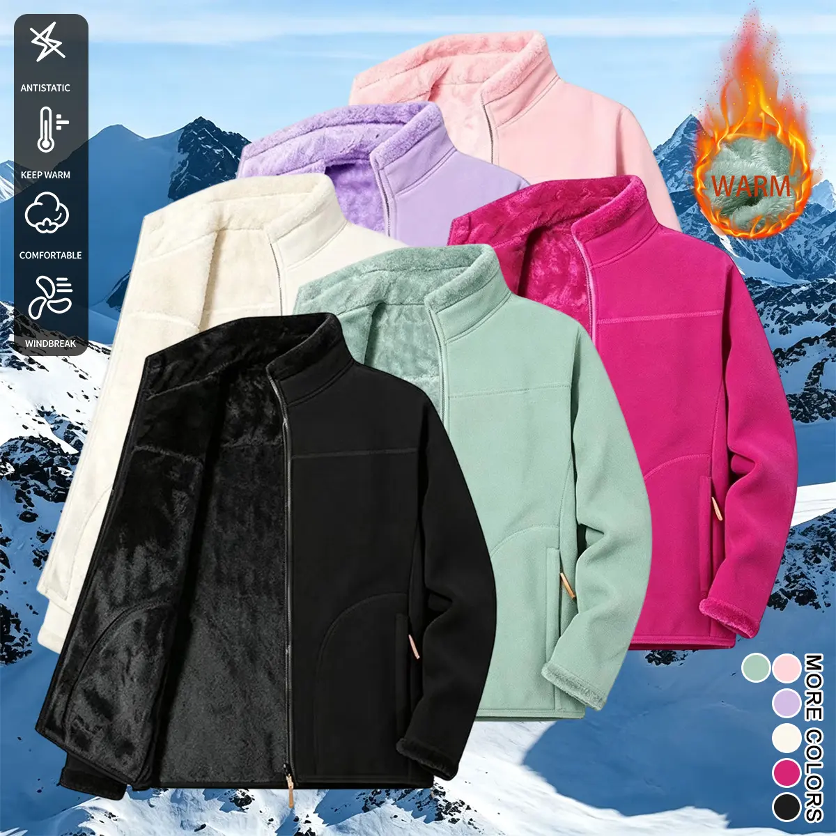 Women’s thickened Christmas-lined sports casual jacket for autumn/winter outdoor wear, fleece zip-up outerwear with thermal lining and long sleeves