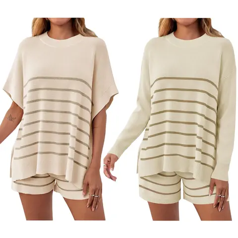 Fisoew Women's Casual 2-Piece Striped Sweater Set - Elastic Round Neck Oversized Batwing Short Sleeve Top, High Waisted Drawstring Loose Breathable Knit Lounge Shorts for Summer Women's Clothes & 2 Piece Sets