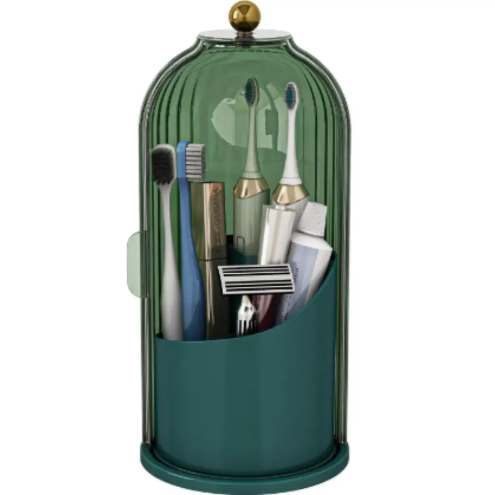 Retro Emerald Green Striped Dustproof Toothbrush Holder with 360° Rotating Base, Multi Compartment Bathroom Counter Organizer, Dome Storage Caddy for Electric Toothbrushes, Toothpaste, Razors & Family Oral Care Supplies