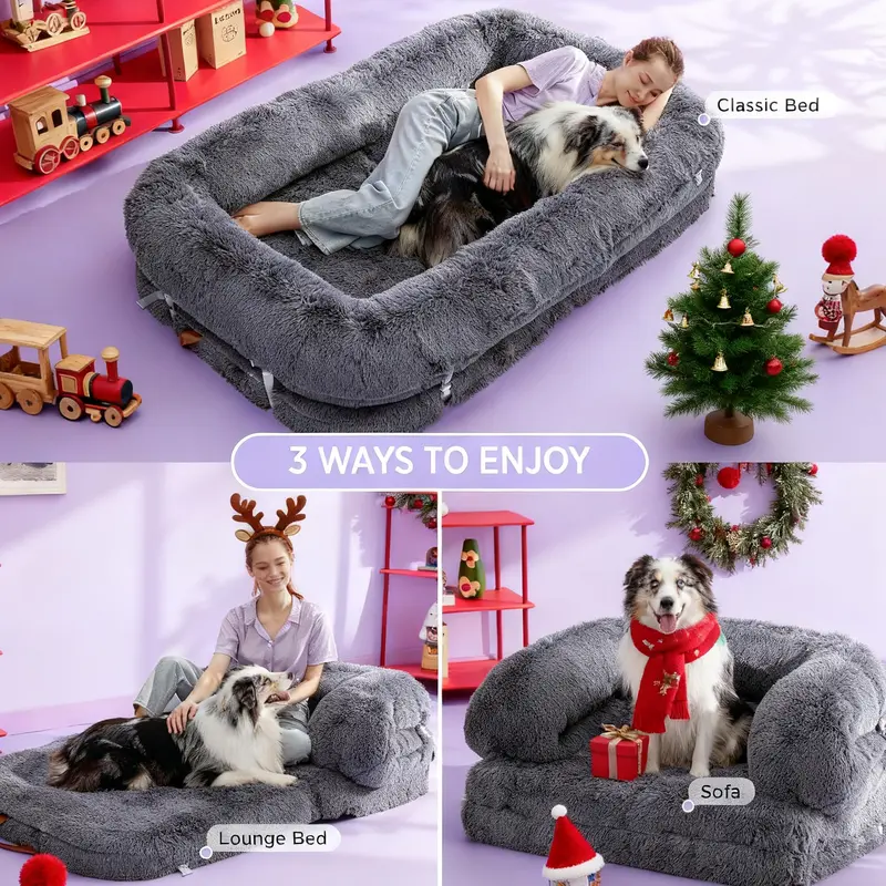 Lesure Luxury Warm Foldable 3-in-1 Flexible Giant Human Dog Bed Cozy Fluffy Faux Fur Lounge Sofa with Supportive Bolster Egg Foam Soft Plush Calming Orthopedic Bed for Winter Comfort Classic Lounge Sofa Options TikTokShopBlackFriday Choice